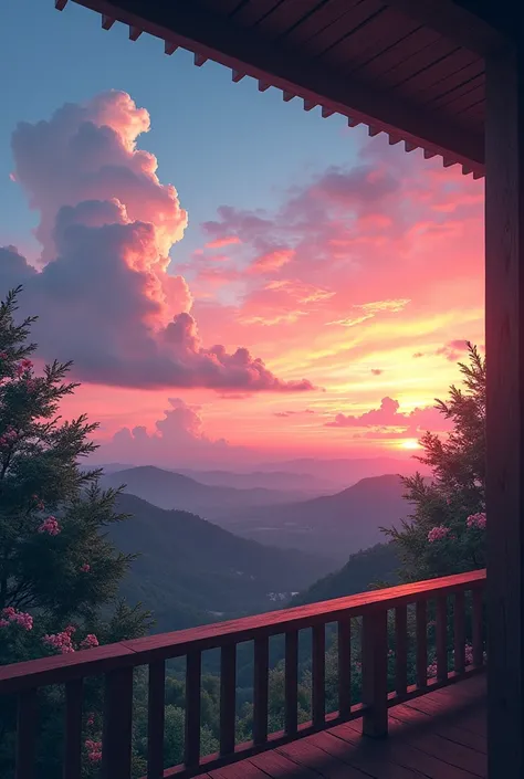 A scene from balcony some tobs, red and blue sky, white clouds, natural , small small flower tobs, real nature photography, landscape , sunset