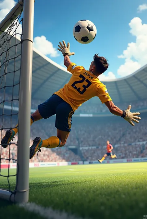 A goalkeeper long jump to the ground for save the football in the front of goalpost. He is a goalkeeper, her jursy name is "Jafor" her jursy name is 23.