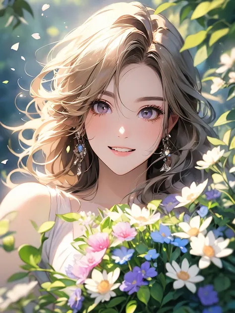 Best smile,A shower of flowers with outstretched arms is pouring down. A happy moment surrounded by many beautiful flowers. My body is covered with flowers.Fine brush, rough, detailed watercolor, soft and fantastic, pastel, fluffy, (extremely fine and beau...