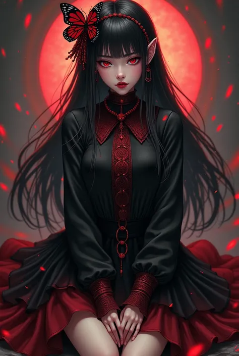 Expressionless,,(Dark Fantasy),((Wonderful Illustration)),(Detail Splash), long black hair, red pupils, girl, pure black dress, only the collar, cuffs and skirt are dark red, ears Pinned to the side is a red butterfly barrette, masterpiece, best quality, h...