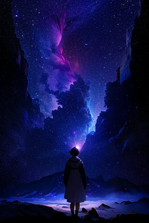 ​masterpiece、Background with（（Fantastic starry sky、kosmos、Meteor swarm、black hole））、A person is standing in the distance、A  wearing a white dress that you cant see