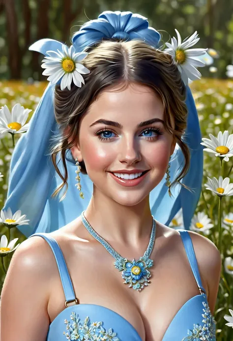 nose piercing, standing, jewelry, BABY-BLUE jumpsuit (insanely detailed, beautiful detailed face, masterpiece, best quality), cleavage, piercing blue eyes. TWIN-TAILS. BEAUTIFUL COMBO OF SELENA GOMEZ AND ALISON BRIE. dd-cup sized breasts. short and dainty....