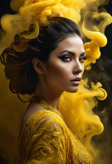 A majestic work of art, a woman, intricately detailed, with an intense, piercing gaze emanating from her singular, striking eye, set against a backdrop of ethereal, swirling yellow smoke that appears to shift and undulate as if alive, illuminated by a cine...