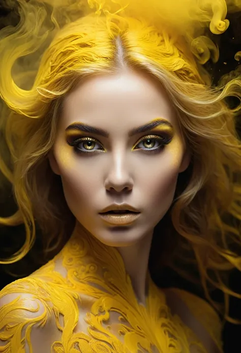 A majestic work of art, a woman, intricately detailed, with an intense, piercing gaze emanating from her singular, striking eye, set against a backdrop of ethereal, swirling yellow smoke that appears to shift and undulate as if alive, illuminated by a cine...