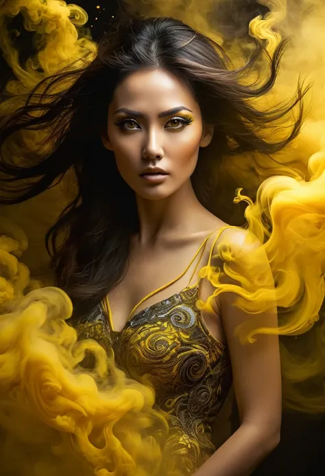 A majestic work of art, a woman, intricately detailed, with an intense, piercing gaze emanating from her singular, striking eye, set against a backdrop of ethereal, swirling yellow smoke that appears to shift and undulate as if alive, illuminated by a cine...