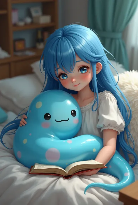 Blue slime with eyes and mouth on the lap of a blue haired girl reading a book to him