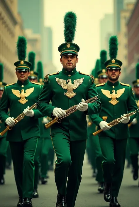 A movie post, of an American marching band with wind instruments and green uniforms with the eagle symbol on the chest