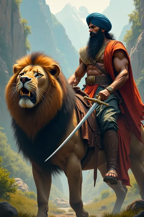 Create a sikh person with nice body sitting on a  horse with his sword and facing a lion against him
