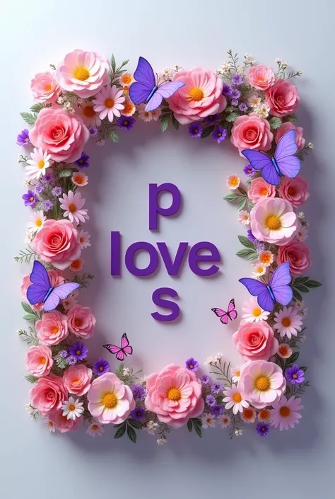 A 3d render of a square frame decorated with different flowers, butterflies, in Capital alphabets  "P  love  S" written in purple color, The background is a light gray.