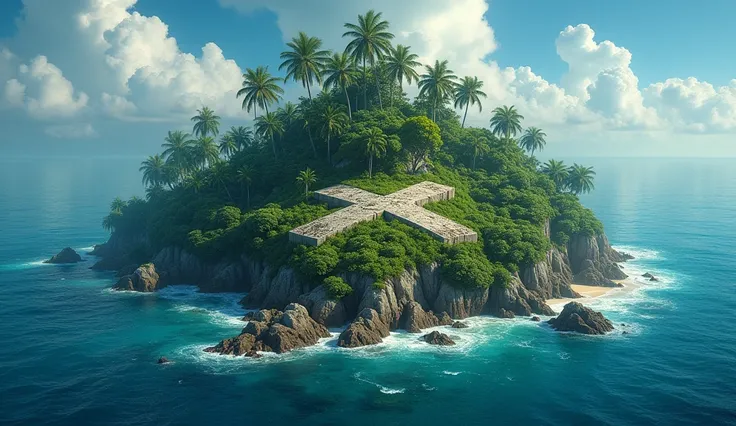 An island with a large X marked on it and jungle trees around.