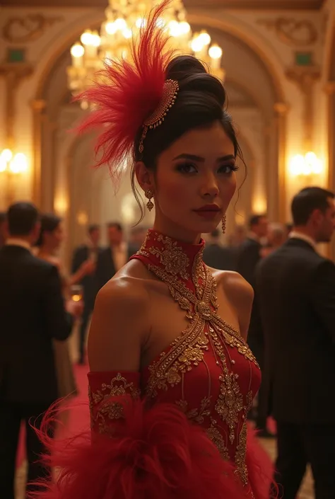 At the charity event, recreated in the style of photorealism, the hall is filled with a high society glamorous atmosphere. Elegant ladies in sumptuous outfits with plumes and diamonds glitter against the backdrop of an exquisite interior filled with flower...