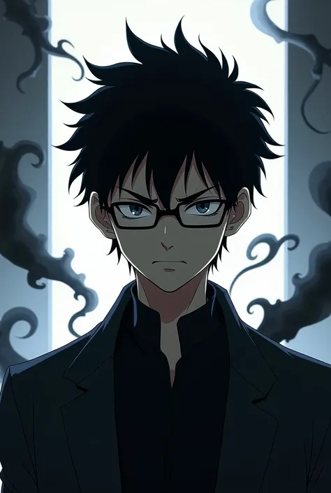 A male anime character with black hair and glasses has a scary, cynical face. There is a white light behind him, but there is also black smoke of darkness. 