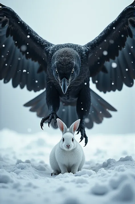 A black eagle attack on a white rabbit in the snow