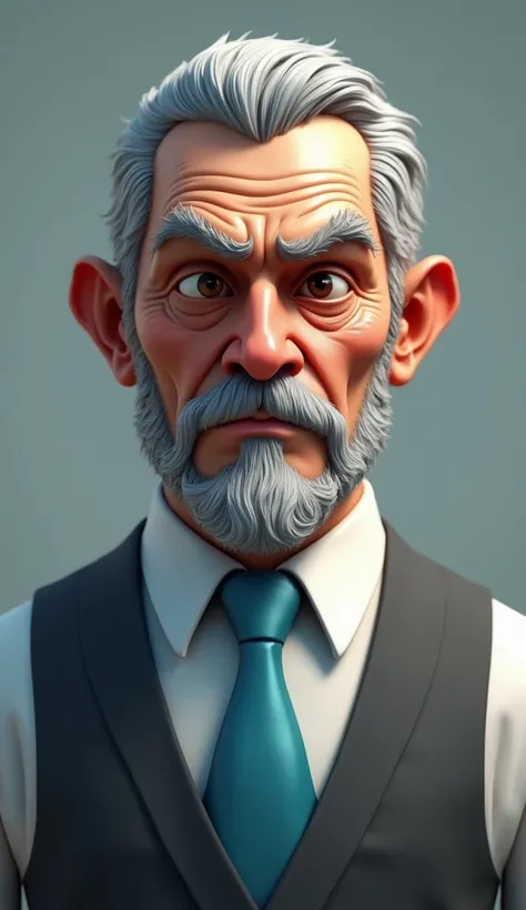 Make a 3D DRAWING of a serious and imposing character from Paranormal Order RPG, of an elderly gentleman in his fifties or sixties, he has gray hair, with a full mustache, sideburns and a goatee of the same shade, . He wears a white dress shirt underneath ...