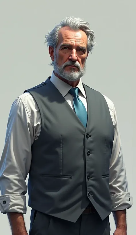 Make a 3D DRAWING of a serious and imposing character from Paranormal Order RPG, of an elderly gentleman in his fifties or sixties, he has gray hair, with a full mustache, sideburns and a goatee of the same shade, . He wears a white dress shirt underneath ...