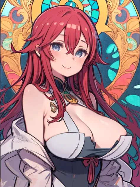 One Girl、((Very thick contour lines))、Stained Glass Style、Smiling、((Flat Color))、Upper Body、Alphonse Mucha　style、Red color hair、Hair between the eyes、long hair、Big Breasts、Huge breasts、Cleavage、