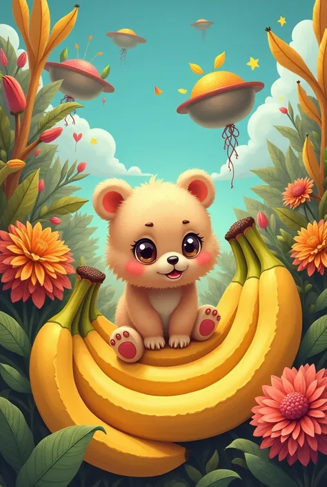 A little bear surrounded by lots of bananas in a fantasy style。Pop atmosphere。