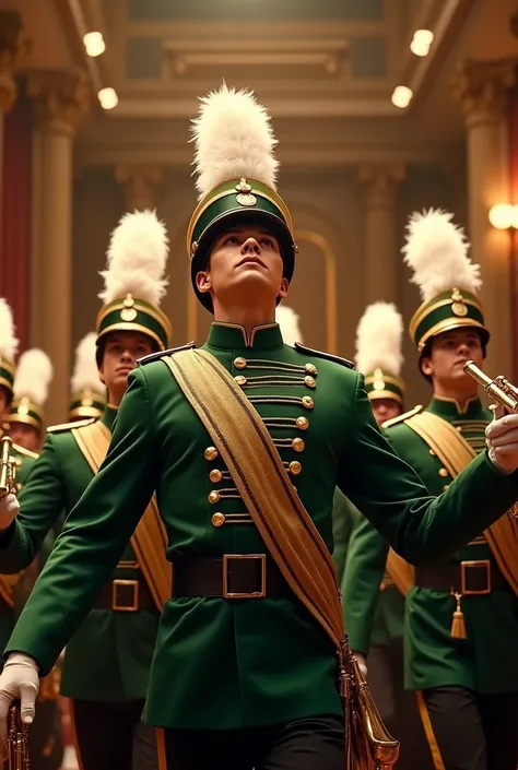 A movie post, of an American marching band holding wind instruments, Trumpet, room, euphoniums, and with the green uniform with the symbol of an eagle on the chest.