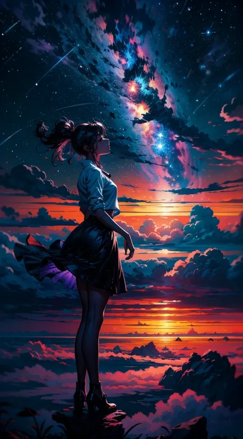 Perched upon a wispy cloud, a young girl gazes in awe at the breathtaking expanse above. The night sky comes alive with a sea of stars, twinkling like diamonds scattered across a velvet canvas. Cosmic phenomenons swirl and dance, painting streaks of vibran...