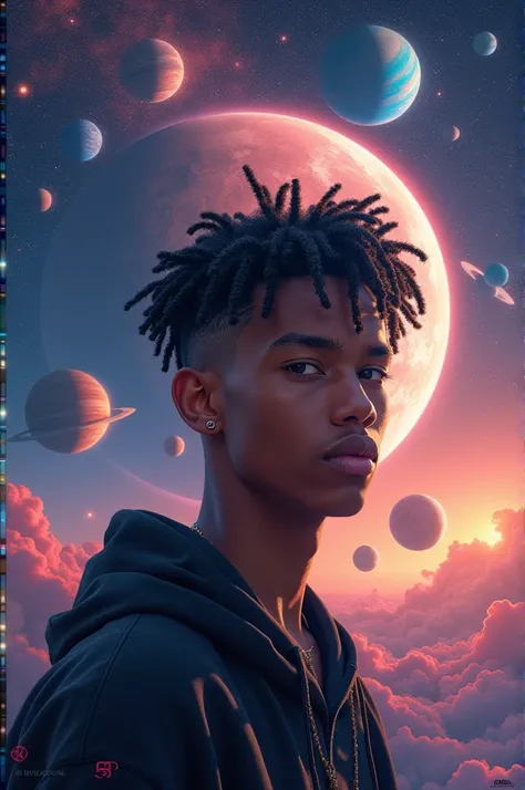 Create me a picture of Lil Mosey with planets in the background