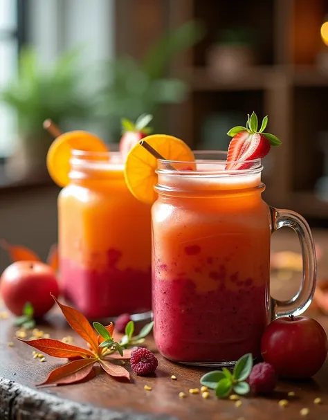 vibrant smoothies in mason jars, blended with seasonal autumn fruits,