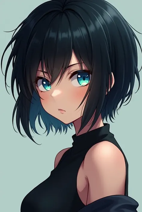 Anime girl with blue eyes and with short black hair. Make it like in anime Jujutsu kaisen 