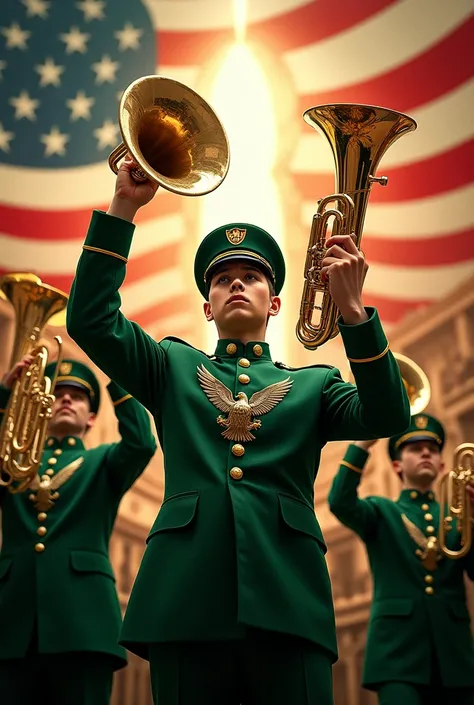 A movie post about an American brass band, with a green uniform and an Eagle symbol on the chest 