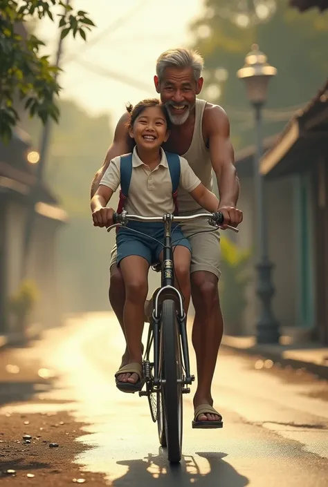 (Photorealism 1.2) high detailed definition cinematic cinematography  father 50 years old and daughter   riding bicycle daughter at back laugh happy face expression morning mode silhouette background Malay old town  daughter with school uniform smoke effec...