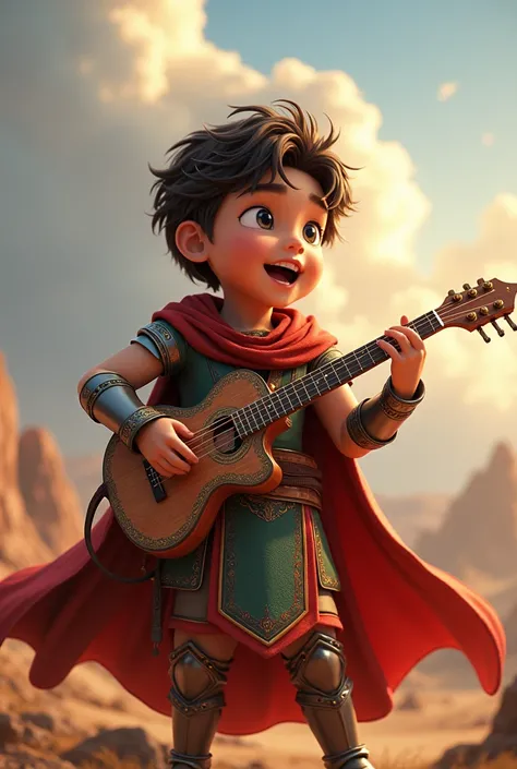 Animated boy in biblical warrior costume with armor in action playing a musical instrument and singing