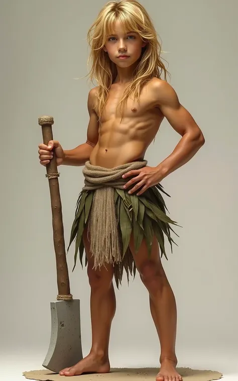 a young blond teenage caveman, realistic, posing with his axe made of stone, he wears only a sort of skirt made of palm leaves, not too muscular, not too thin, no background, confident expression, full figure, frontal, one hand on the hip, arafed, lots of ...