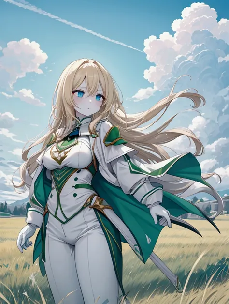 A woman with long dark blonde hair, white skin, green clothing with blue pants, wearing white gloves in a grass field with clouds in the sky