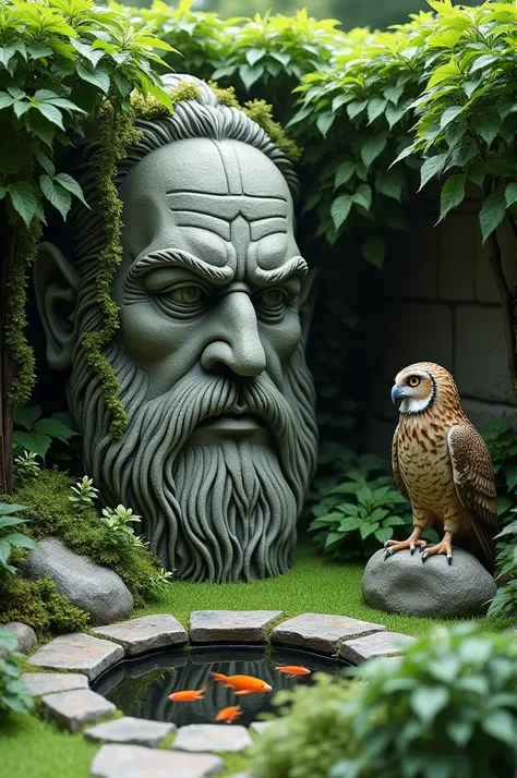 Create a real photo of a small zen garden with a statue of a Viking face on the wall covered with plants under the stove a small fish pond all in a small space of 2 meters by 2 meters in a corner of the garden put an eagle owl on grass