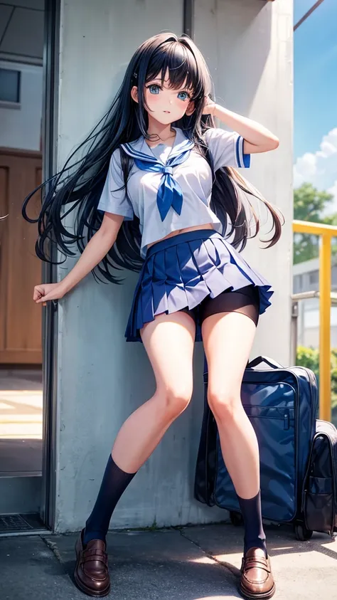 A school girl wearing blue short skirt and shorts long hair 