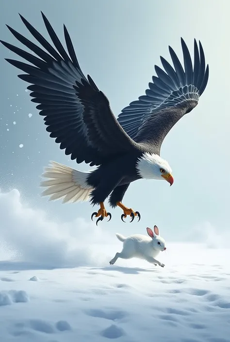 A black eagle catch the white rabbit in the white snow