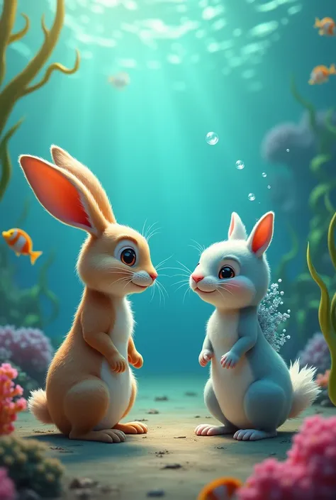 A rabbit talking to a sea axolotl