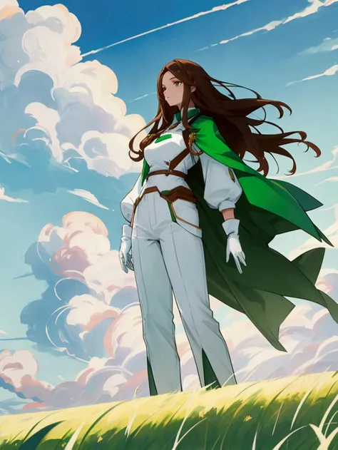 A woman, long brown hair, white skin, green clothing, blue pants, white gloves, in a grass field, with clouds in the sky