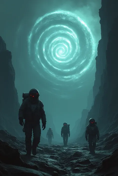 A dark landscape with spiraling lights. Cosmonauts discover the kingdom of death