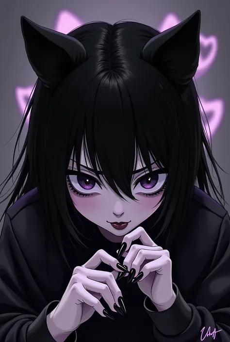 create an illustration of Kuromi from Hello Kitty doing her nails. in the very dark Hello Kitty illustration style