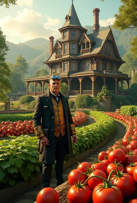 Steampunk style summer resident with tomatoes 