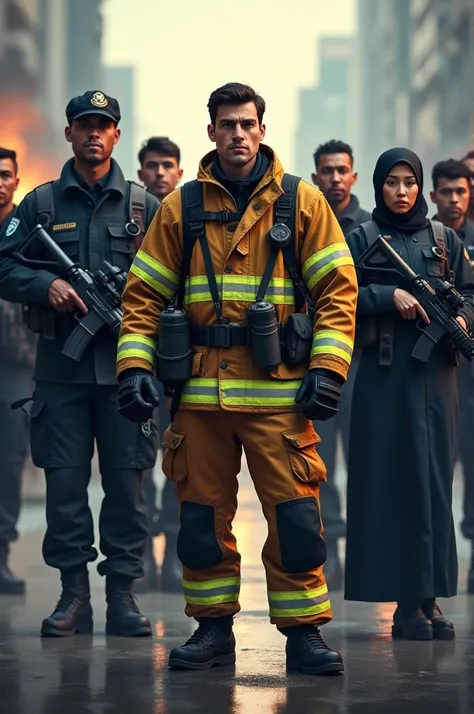 A picture of a male firefighter in full uniform holding a hose, male soldiers fully uniformed and armed, and a female police officer wearing a hijab is standing next to him