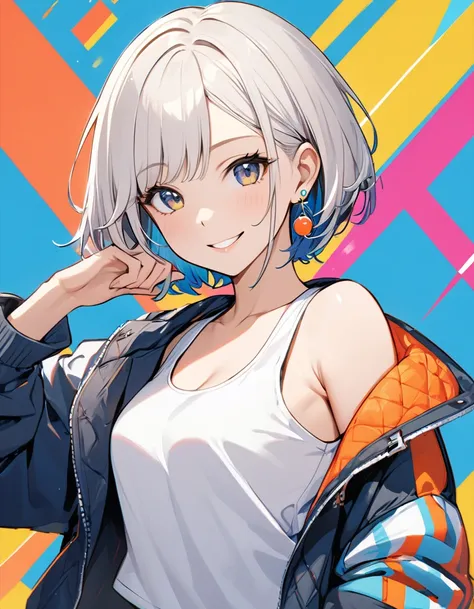 1girl, best quality, beautiful, short hair, half body, smile, 8K, act cool pose, jacket, white tanktop inside, earrings, perfect, concept, full color