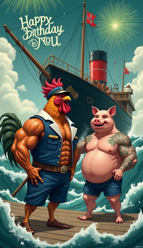 muscular rooster bird, chest puffed out captains vest and navy cap, black ship black ship thick red maltese cross highlighted, big waves around, green birthday decoration, thick red maltese cross written Happy Birthday to You, a muscular pig, chest puffed ...