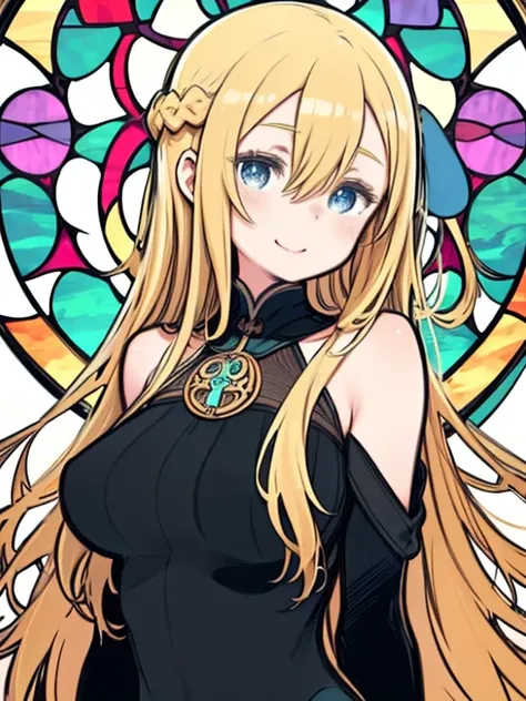 One Girl、((Felt pen art、Constant thickness lines、Very thick contour lines、Stained Glass Style))、Smiling、((Flat Color))、Upper Body、Alphonse Mucha　style、Blonde Hair、Hair between the eyes、long hair、Braid、Big Breasts、Turtleneck sweater、