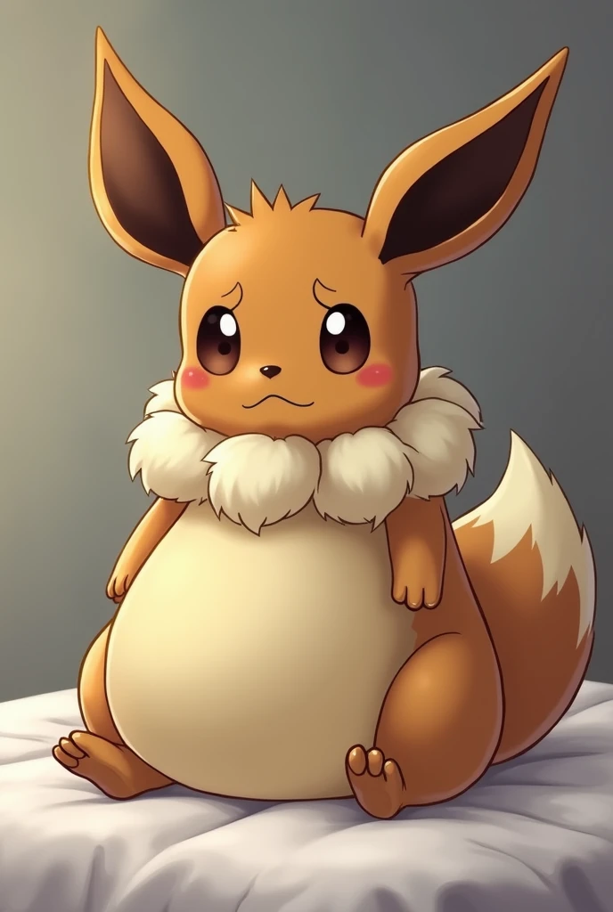 An Eevee pregnant with 30 babies with a huge belly, worried and sitting on the bed