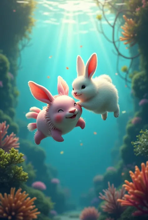 An axolotl in the water with a rabbit 