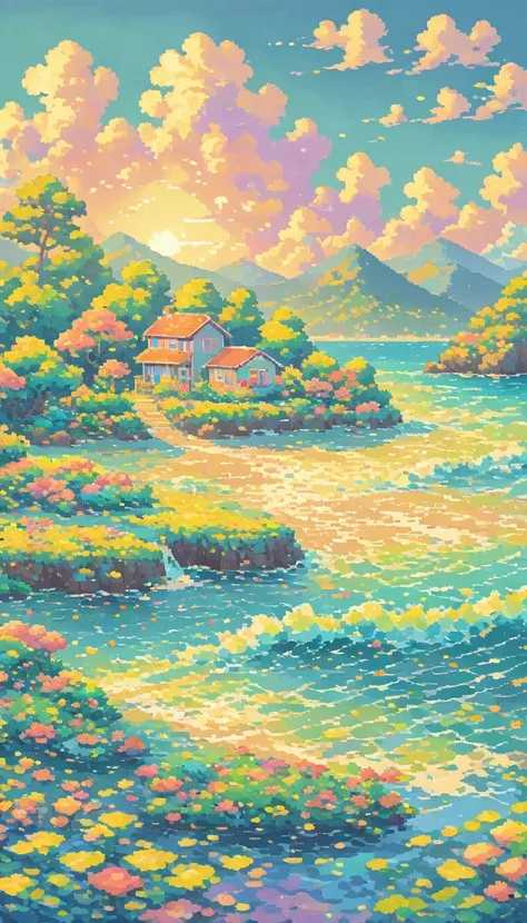 Little Mermaid pixel ,pastel, landscape, No people