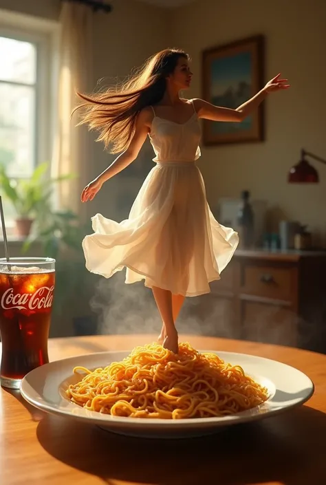 A beautiful woman with noodles, who is now dancing on a plate of breakfast. The plate is placed on a table, a glass of coke next to the plate. The background is the dining room of the house with the background blurred. The lighting of the photo is warm and...