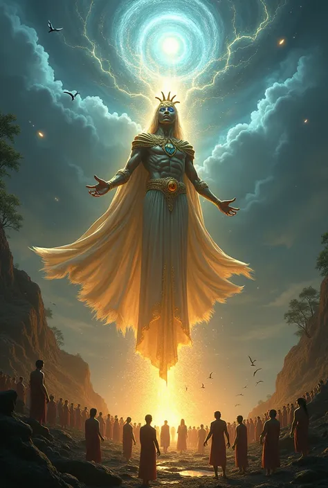 Certainly, Ill create a more detailed and longer prompt with at least ten details about the surroundings and the Anunnakis powers. Heres an expanded version:

"A majestic Anunnaki man descends from a swirling vortex in the sky, his arrival marked by crackl...