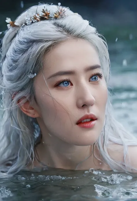 Seven part photos, masterpiece, best quality, Official Art, Extremely detailed CG 8k wallpaper,(Flying petals)(Detailed ice) ,  water晶质感皮肤, Cold expression, White hair, Long hair, Messy hair, blue eyes, Looking at the audience, Extremely refined, water,  (...