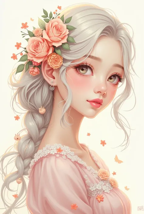 A detailed illustration of a young fair skinned woman with flowing wavy hair, her eyes are expressive and there are hint of pink around them, side shot, her hair has been decorated by floral, charm and floral outfit, delicate eye lashes, blushing cheeks, b...